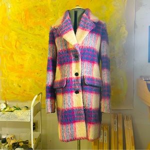 Halogen pink and blue plaid wool coat.